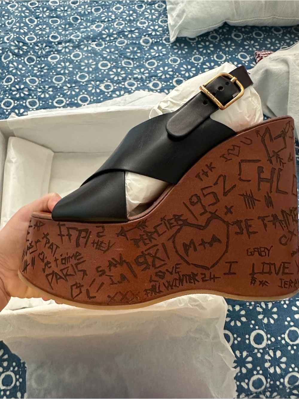 Chloe Black Leather Crisscross Sandals with Branded Wedge Platform - Picture 7 of 9